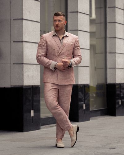 Double breasted pink on sale suit